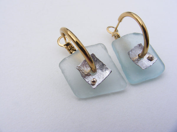 St Martin's Isles of Scilly drilled sea foam square blue sea glass hoop earrings