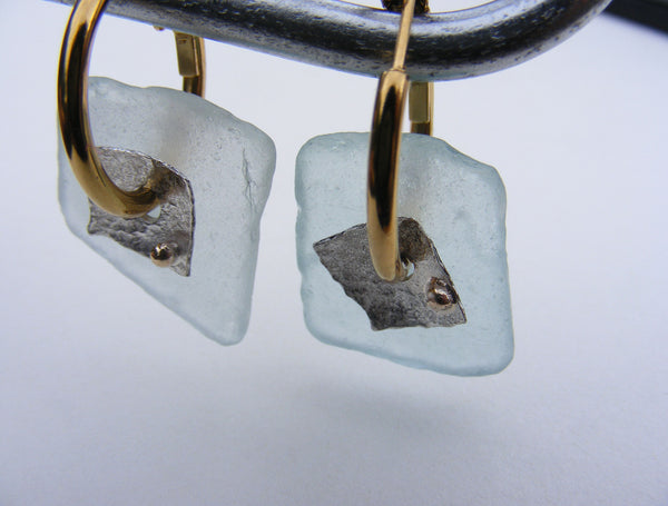 St Martin's Isles of Scilly drilled sea foam square blue sea glass hoop earrings