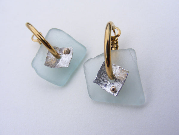 St Martin's Isles of Scilly drilled sea foam square blue sea glass hoop earrings