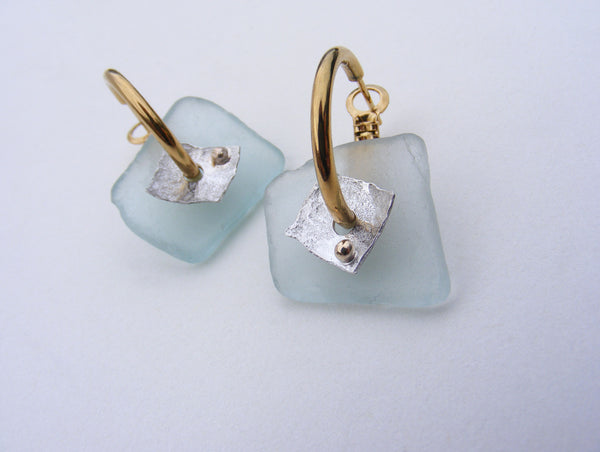 St Martin's Isles of Scilly drilled sea foam square blue sea glass hoop earrings