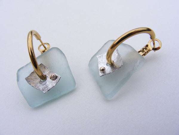 St Martin's Isles of Scilly drilled sea foam square blue sea glass hoop earrings