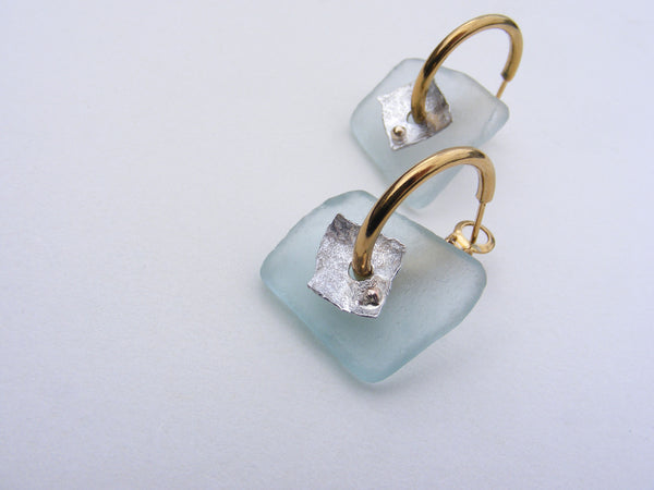 St Martin's Isles of Scilly drilled sea foam square blue sea glass hoop earrings