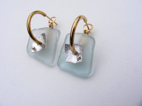 St Martin's Isles of Scilly drilled sea foam square blue sea glass hoop earrings