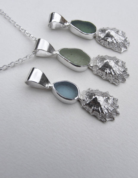 Light Green St Martin's sea glass and Crackington Haven mini limpet pendant