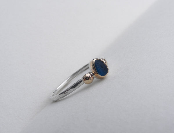 Teal Blue sea glass ring bezel set in gold with gold nuggets Size S
