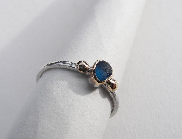 Teal Blue sea glass ring bezel set in gold with gold nuggets Size S
