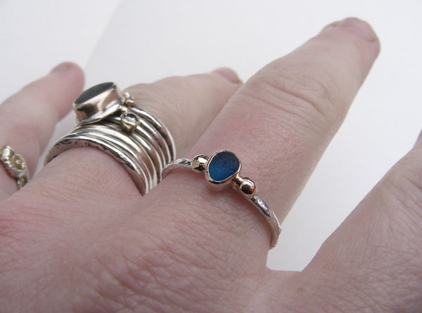 Teal Blue sea glass ring bezel set in gold with gold nuggets Size S