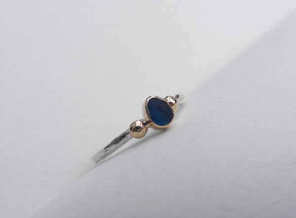 Teal Blue sea glass ring bezel set in gold with gold nuggets Size S