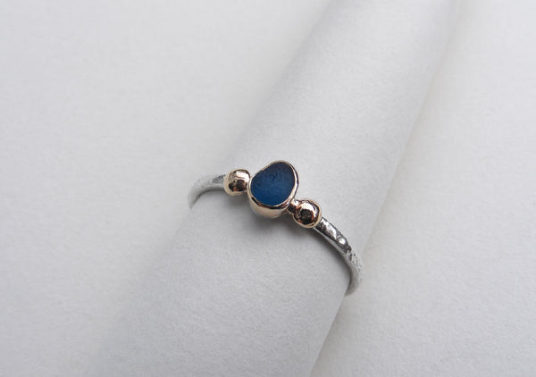 Teal Blue sea glass ring bezel set in gold with gold nuggets Size S