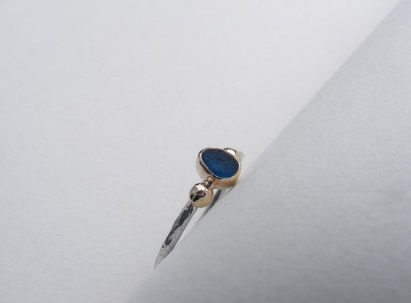 Teal Blue sea glass ring bezel set in gold with gold nuggets Size S