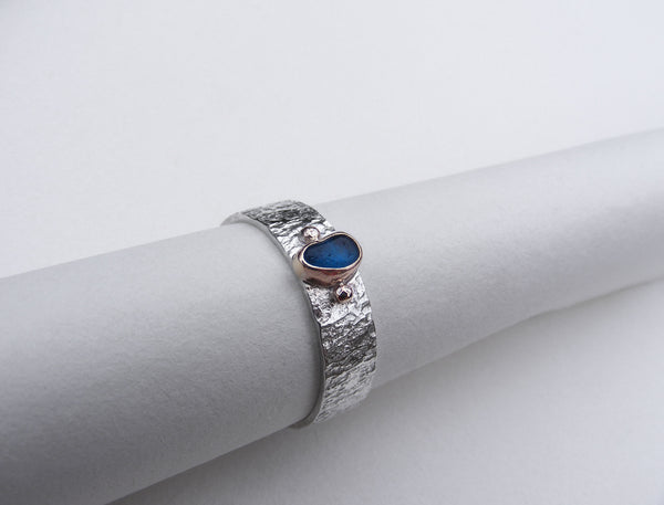 Turquoise Blue recycled Gold bezel set sea glass ring with recycled gold balls Size Q