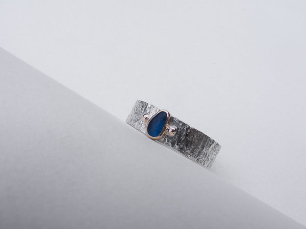 Turquoise Blue recycled Gold bezel set sea glass ring with recycled gold balls Size Q