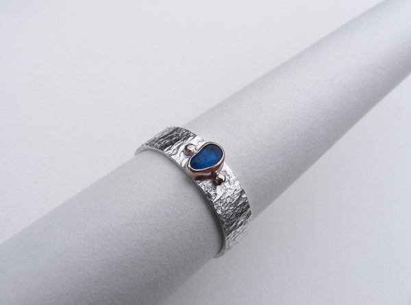 Turquoise Blue recycled Gold bezel set sea glass ring with recycled gold balls Size Q