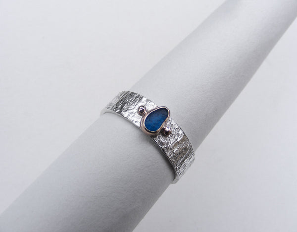 Turquoise Blue recycled Gold bezel set sea glass ring with recycled gold balls Size Q