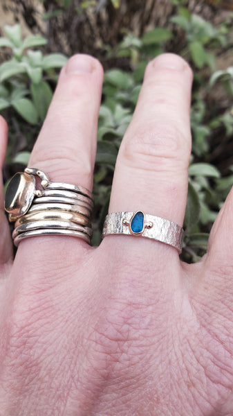 Turquoise Blue recycled Gold bezel set sea glass ring with recycled gold balls Size Q