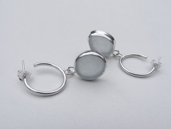 White Sea Foam sea glass recycled silver bezel set hoop earrings