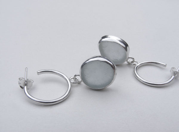 White Sea Foam sea glass recycled silver bezel set hoop earrings