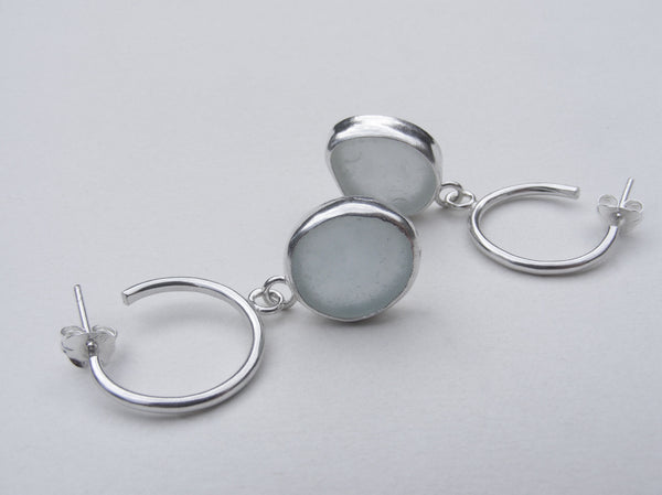 White Sea Foam sea glass recycled silver bezel set hoop earrings
