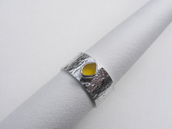 Yellow Juicy sea glass silver Ring Size R