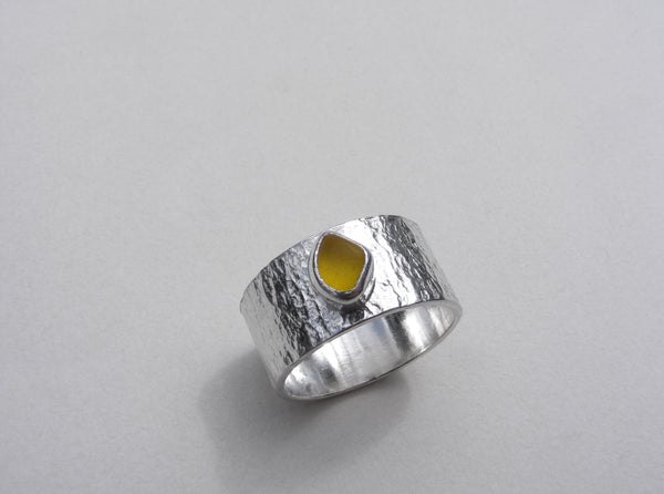 Yellow Juicy sea glass silver Ring Size R