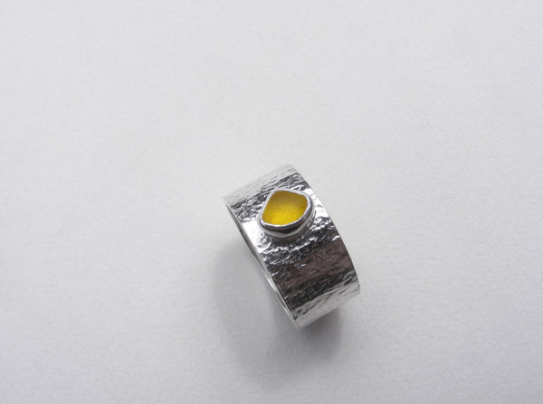 Yellow Juicy sea glass silver Ring Size R