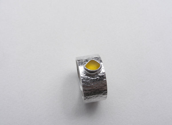 Yellow Juicy sea glass silver Ring Size R