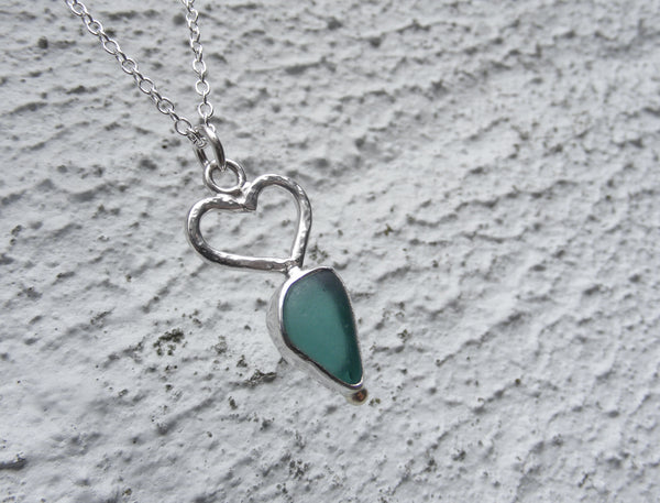 Turquoise Sea Foam blue Bezel set sea glass pendant with hand made silver heart