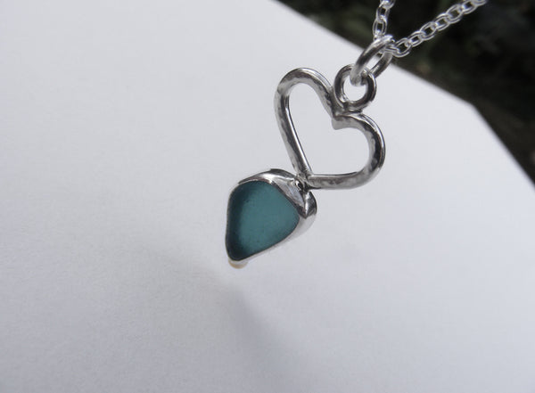 Turquoise Sea Foam blue Bezel set sea glass pendant with hand made silver heart