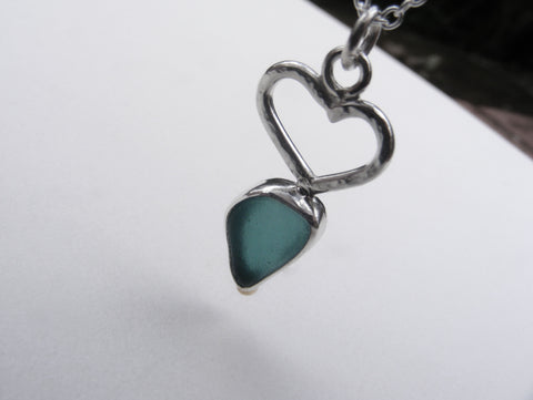 Turquoise Sea Foam blue Bezel set sea glass pendant with hand made silver heart