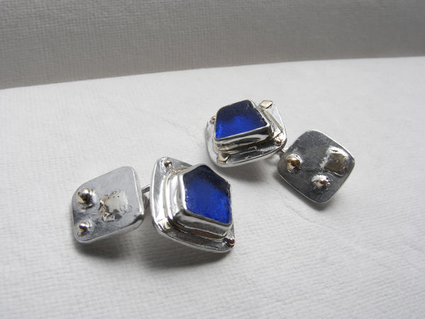 The ST MARTINS CAMPSITE Collection - Bristol Blue square sea glass cufflinks