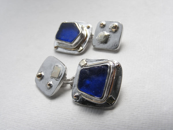 The ST MARTINS CAMPSITE Collection - Bristol Blue square sea glass cufflinks