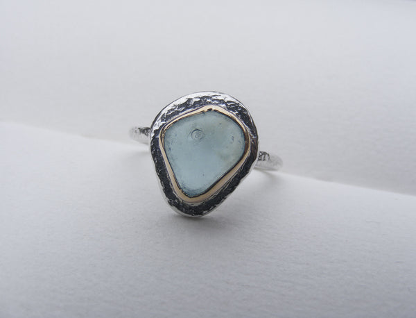 Light Blue sea glass water drop ring