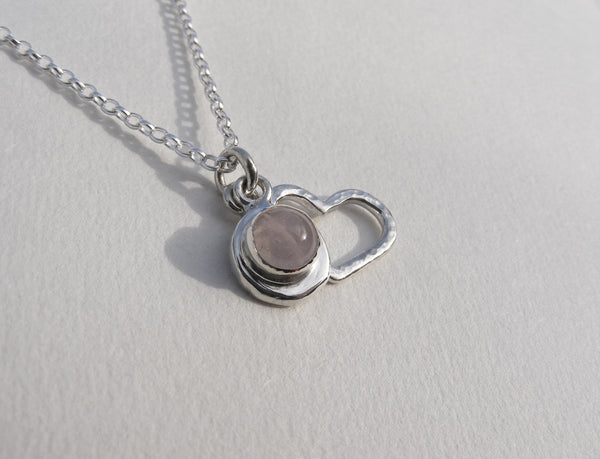 Rose Quartz cabochon pendant with signature silver heart