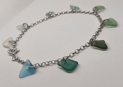 Blue sea glass anklet on silver Belcher chain