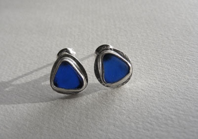 Bristol Cobalt blue sea glass silver bezel set stud earrings