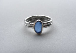 Cornflour Blue sea glass double silver band ring