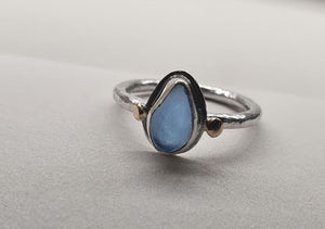 Cornflower Blue bezel set sea glass tear drop silver ring with 9ct gold detail