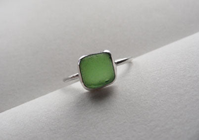 Emerald Green square sea glass ring