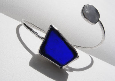 Geometric Bristol Blue sea glass bangle with hand forged silver pebble
