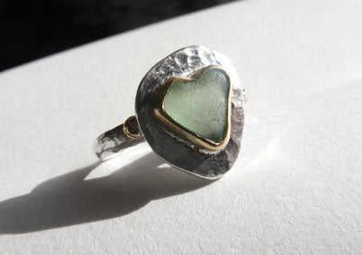 Light blue green sea glass heart ring