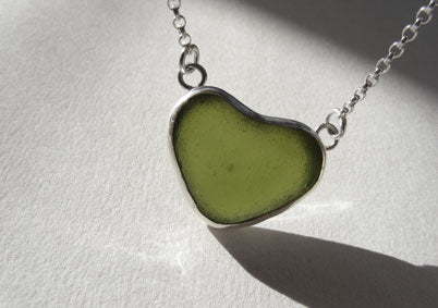 Olive Green Dark Green sea glass heart pendant