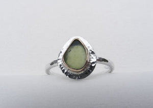 Olive green sea glass ring bezel set in 9ct gold