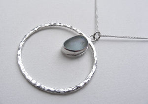Seafoam seaglass silver hammered ribbon necklace