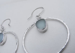 Seafoam seaglass silver hoop drop earrings