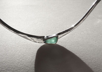 Silver bar cuff necklace with Teal Turquoise Blue sea glass and hand made clasp.