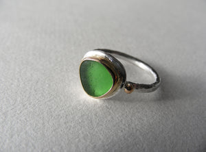 Engagement ring commission with Sprite Green Coryton Cove sea glass.
