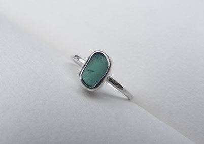 Teal sea glass silver ring
