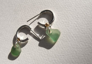 Turquoise green drilled sea glass 9ct gold nugget silver hoop earrings