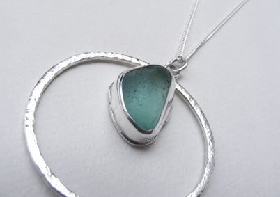 Turquoise seaglass silver hammered ribbon pendant