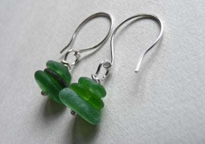 Green trio sea glass stack silver earrings